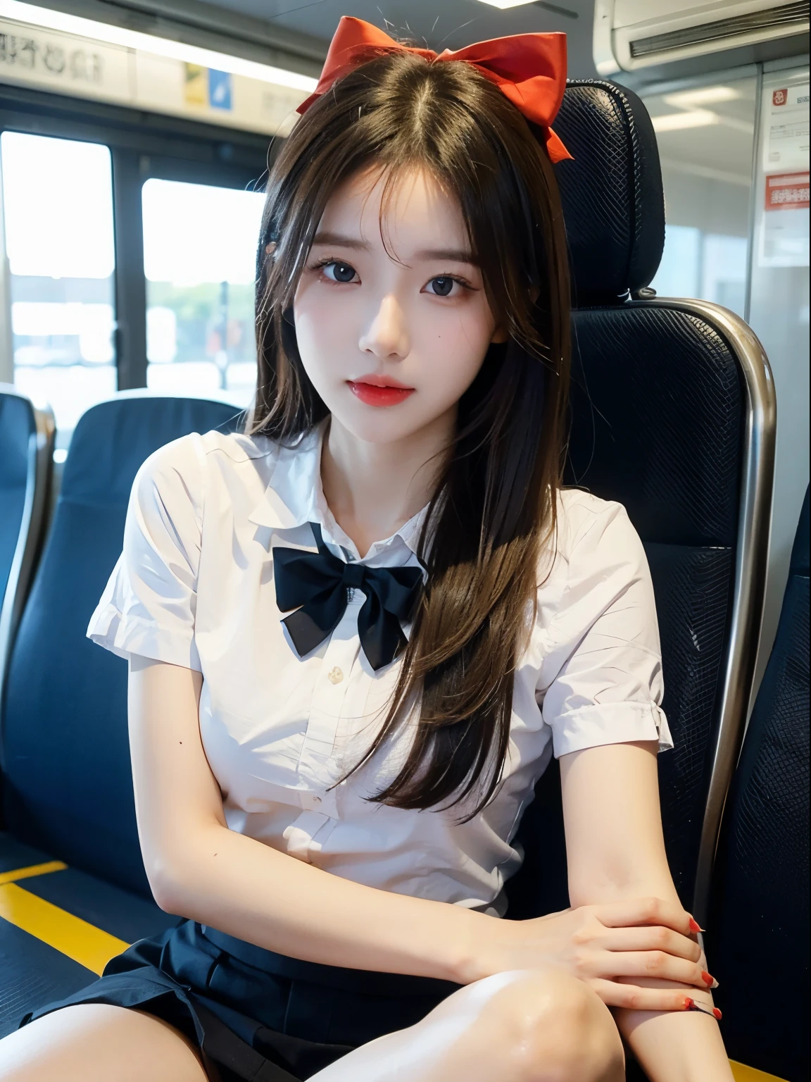 (very delicate and beautiful: 1.2), 1 girl, forehead, pretty eyes, curtsey, brown hair, closed mouth, byway, hair between eyes, Hair curtsey, short sleeve, commuting by train、I'm sitting in a chair, but I feel sleepy and my legs are spread apart.、looking at viewer, medium hair, alone, upper body, : 1.3, ((alone)), (table top),