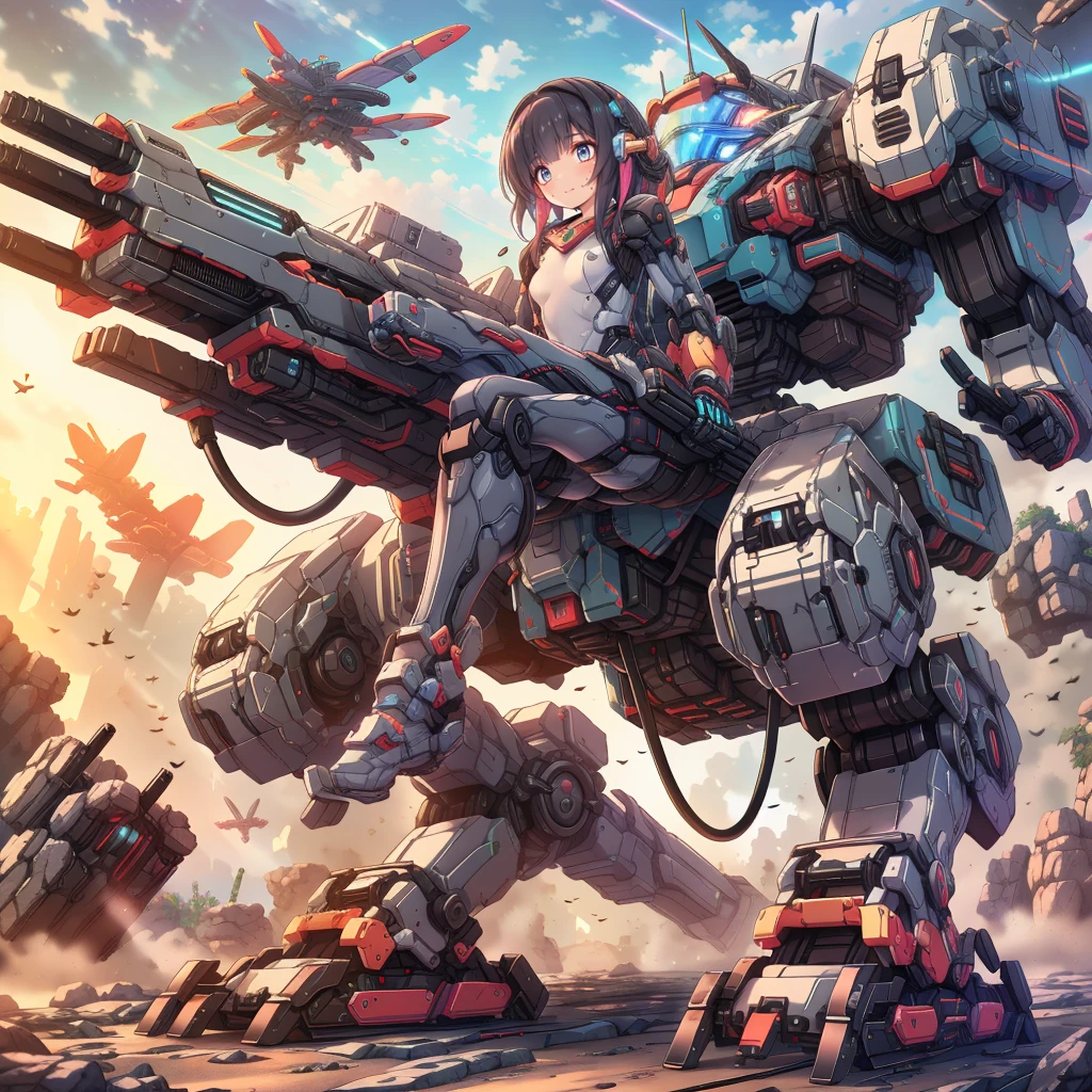 (masterpiece:1.2), best quality, high resolution, extremely detailed CG, absurdres, highres, Sci-fi world, a girl in bodysuit sits inside a machine with giant robot arms and legs on a battlefield, and the girl holds the lever of the machine,Colorful portraits