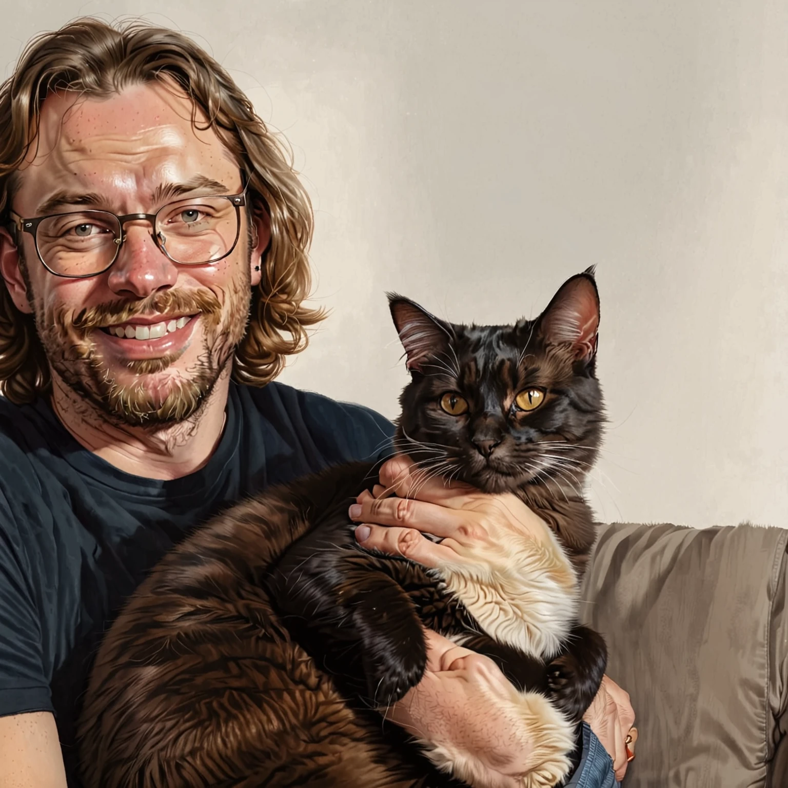 there is a man holding a cat on his lap, portrait of ultra realistic, high quality portrait, ultrarealistic illustration, ultra realistic illustration, realistic illustration, hyperrealistic illustration, realistic portrait, realistic studio portrait, highly realistic digital art, portrait of sam hyde, photorealistic illustration, digital matt painting, furry character portrait, human cat hybrid, photorealistic portrait, photo realistic portrait