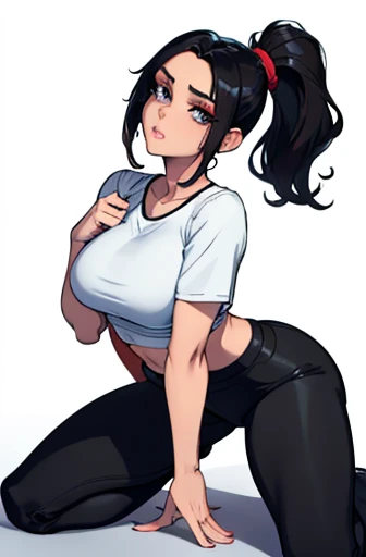 A white girl, with black hair, short with a ponytail, is on a dance floor, with your hands on your knees and sticking your ass out in a sensual movement, She wears tight black pants and a white top with her toned belly showing.. She looks at the photo with a sensual face, biting the lips, while holding one of the breasts. She is standing, on your back and your lips are red.