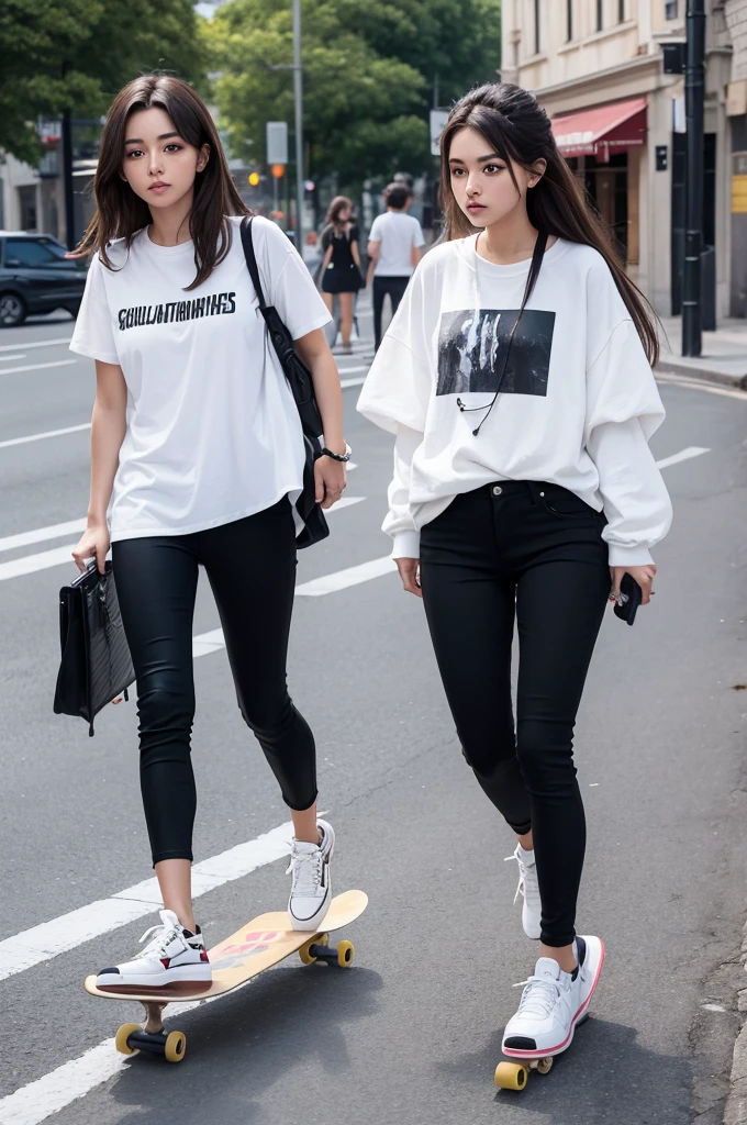 rapais brunette with a loose white shirt and loose black pants and white sneakers riding a skateboard 