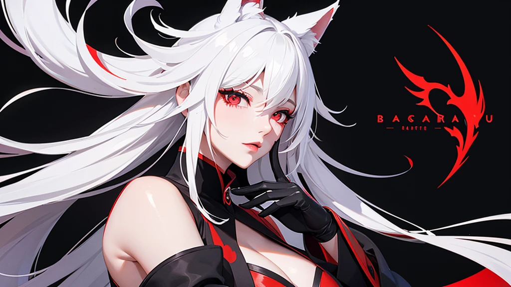 Black simple background。 A lustful virgin sits drunk and red faced。 Long white hair and wolf ears。Red eyes。Heavy makeup。 Ninja costume with main color black and sub color red。 Side angle close-up of cleavage。 Draw hands in detail。