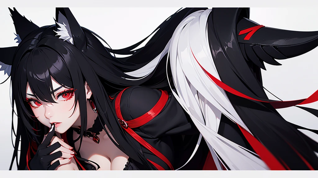 Black simple background。 A lustful virgin sits drunk and red faced。 Long white hair and wolf ears。Red eyes。Heavy makeup。 Ninja costume with main color black and sub color red。 Side angle close-up of cleavage。 Draw hands in detail。