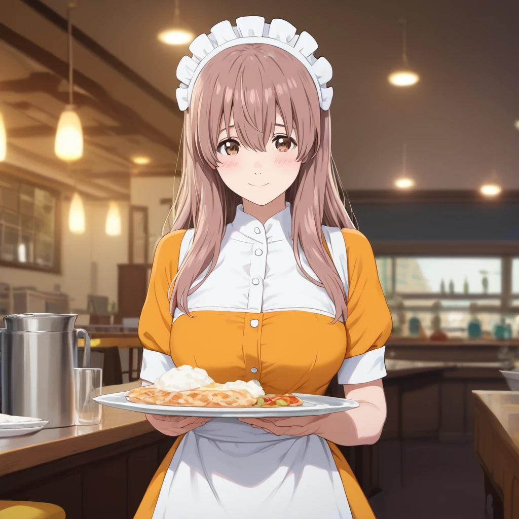 score_9,score_8_up,score_7_up,masterpiece,best quality, source anime, photorealistic, hyperrealistic, 8k,photo,raw,super detailed, extreme detailed, rating_explicit, 
1girl, waitress, standing, 
BREAK girl, shouko nishimiya, 18yo, long hair, bangs between eyes, brown eyes, (large breasts:0.9),
shiny hair, beautiful detailed eyes, beautiful face,
BREAK frilled waitress uniform, orange uniform, headdress,
embarrassed, blush, smile, modern cafe