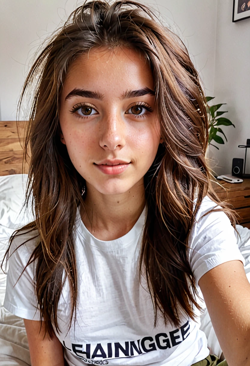 1girl. Tan skin, freckles on nose, freckles on cheeks, dark brown hair, wavy hair, hair braid, cropped tee, twenty years old, bedroom