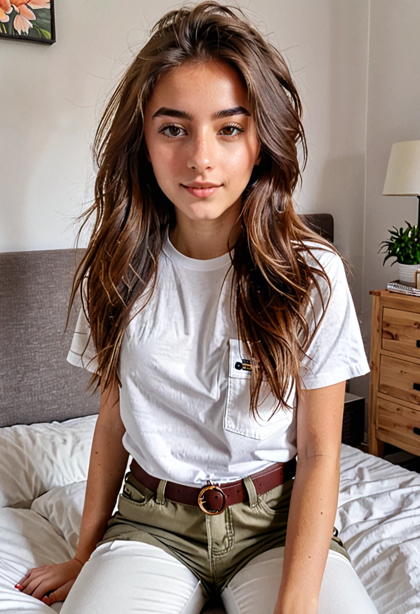 Une photo selfie d'une jeune fille de 18 ans mignonne. Elle a les cheveux long brune. Elle est allonger dans son lit. Elle est habiller en t-shirt blanc et pantalon cargo marron