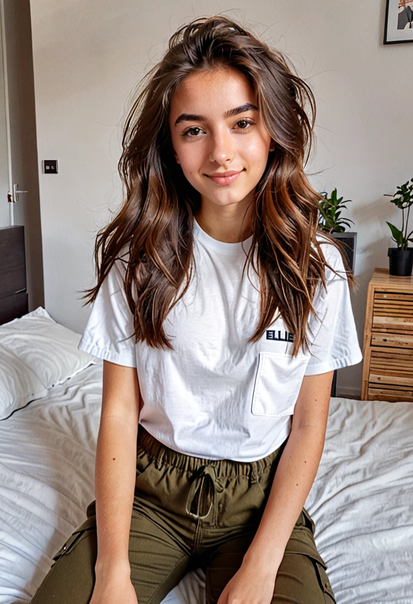 Une photo selfie d'une jeune fille de 18 ans mignonne. Elle a les cheveux long brune. Elle est allonger dans son lit. Elle est habiller en t-shirt blanc et pantalon cargo marron 