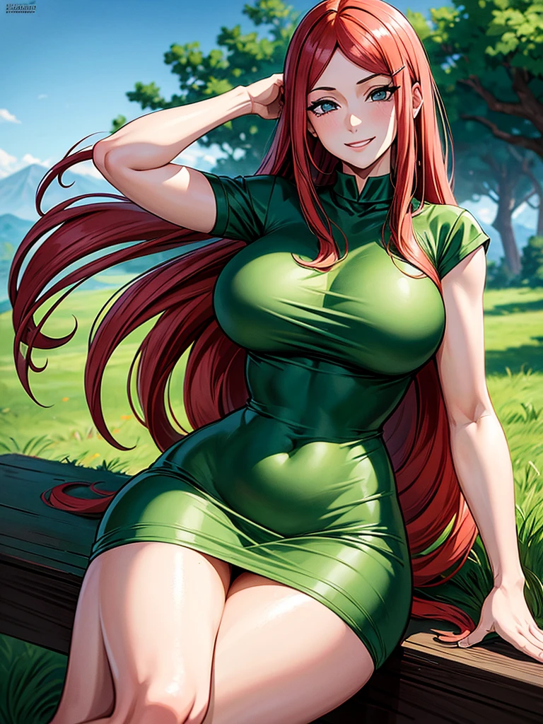 uzumaki_kushina,massive large_breasts, large thighs,large_ass, solo, green shirt,shirt up,tight dress, short skirts, masterpiece, best quality, detailed face, detailed eyes, highres, (masterpiece:1.4, best quality:1.2), (Highres), (Detailed Illustration), Ultra-Detailed, konohagakure, spread leg,looking in front, smiling playfully with a mischievous glint in the eyes