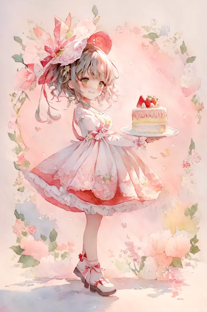 (Highest quality)(Masterpiece), A smiling woman holding a cake topped with strawberries, Anime in a dress, ピクシブアートステーション Gwaiz, Splash art anime, Cute art style, Art Station Pixiv , Full body portrait in shorts!, Soft anime illustration, Art Station Pixivでトレンド入り, Gwaiz