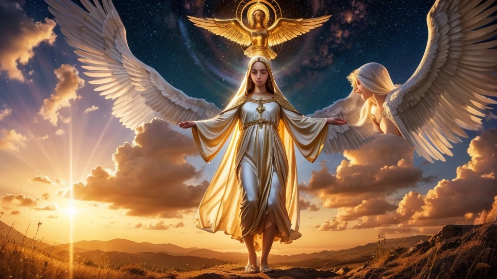 "Mary being received in heaven, surrounded by angels, golden light and celestial beauty, a sense of fulfillment and eternal peace --ar 16:9"