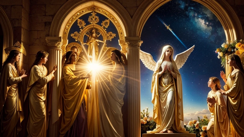 "Mary being received in heaven, surrounded by angels, golden light and celestial beauty, a sense of fulfillment and eternal peace --ar 16:9"