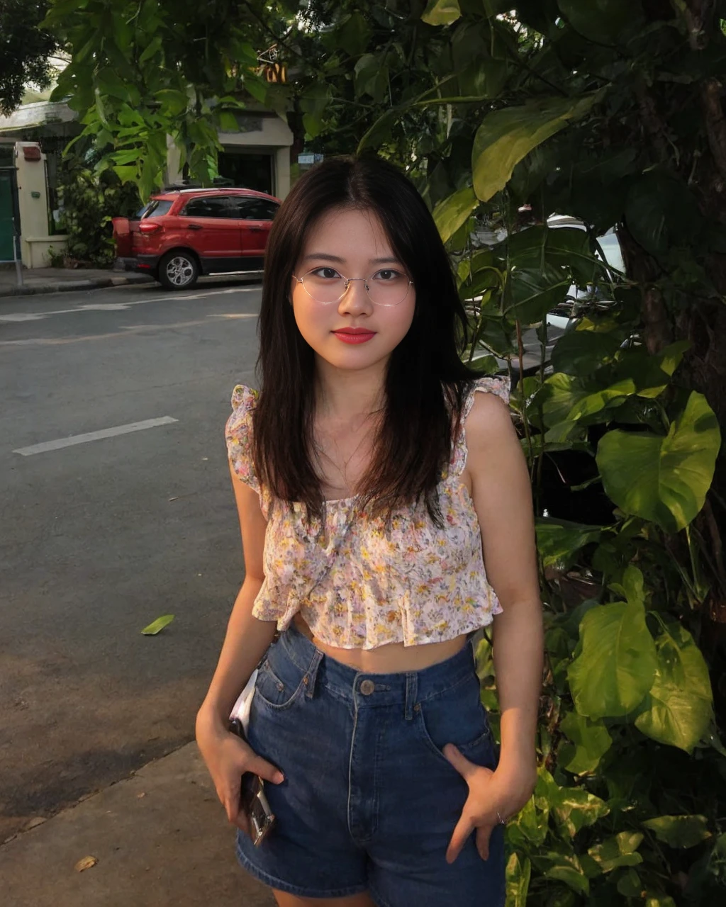 (Actually, the resolution is high.:1.3),A girl with a perfect body, slender face and eyes, long black hair, white tank top.:1.2 Jeans shorts in the movie theater, big breasts, showing breasts, wearing glasses, bow tie.