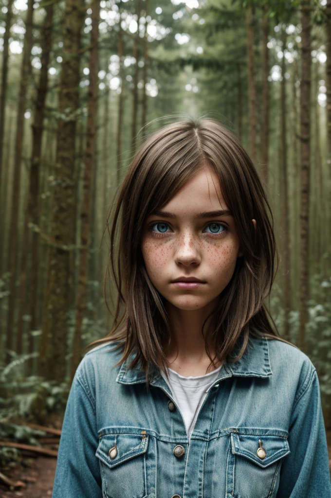A girl enters the forest:
"Picture of a five year old girl with long blond hair, standing at the edge of a dark and dense forest. There is a mixture of surprise and determination on her face.. Fireflies hover around the girl, creating a magical atmosphere. The forest is dense and dark, trees tall and dark, with dense foliage, through which the light barely breaks through. The girl is dressed in a light dress, which contrasts with the dark background of the forest."