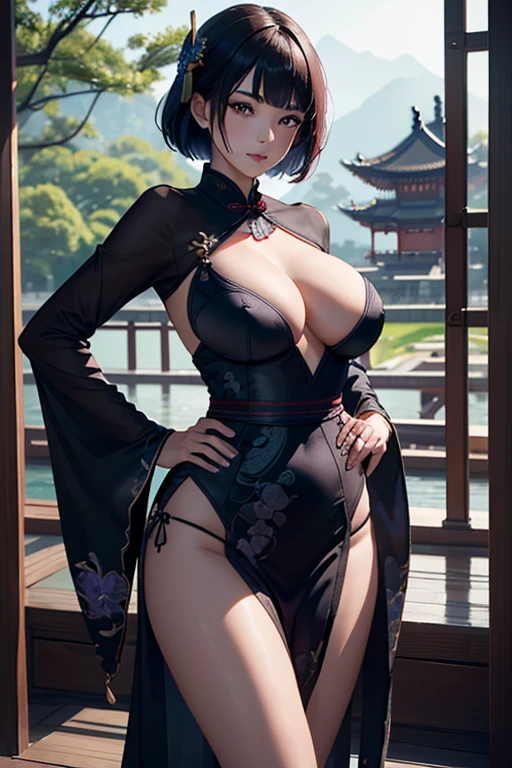 Raiden Shogun, raiden, Masterpiece, Best quality, Ultra-detailed, Beautiful lighting, bangs, (Stand with one foot in front of the other,both hands on hip), (angle of view:1.1), (Smile:0.9),Busty body,large thick legs,nakeness,(Unbeatable masterpiece, ultra realistic 8k cg, Perfect artwork, perfect women figure,dramatic shadow,Ray tracing),
( spotlight,Perfect lighting,Detailed light,dramatic shadow,Ray tracing),
(Mature female, A MILF, An extremely delicate and beautiful:1.2),
(Seductive posture, Suggestive sexual behavior,Dressing sex),((Large breasts:1.1)),(abundance:1.3),(Short hair:1.5),
Wide hips, (wie z_swarm,ancient chinese background, The Chinese model, Shawl, plumage, Hanfu, Detailed clothes,Chinese pattern dress:1.2), (Indoors + dark vibe atmosphere + Chinese Garden + Pavilion + Peaceful + bridge + green trees),