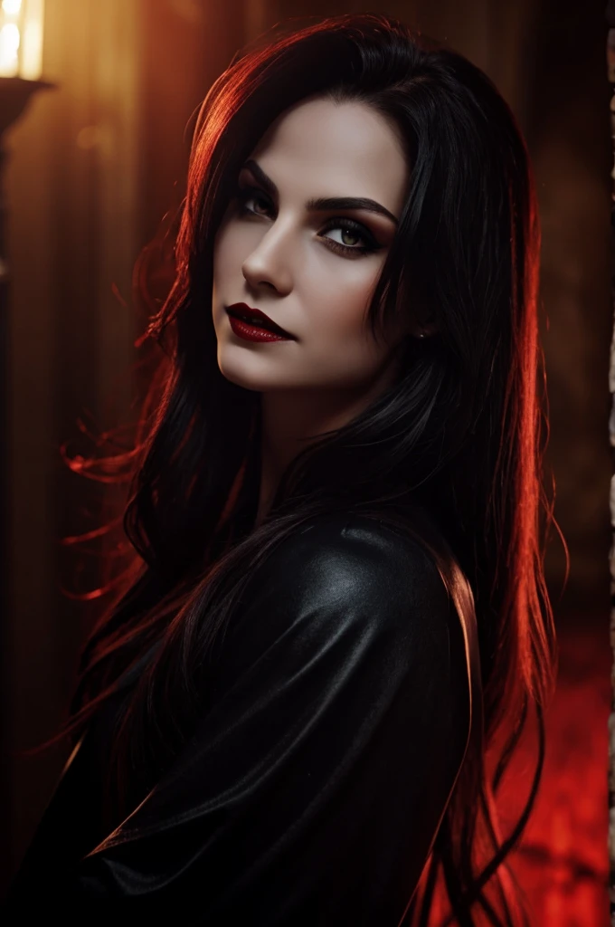 Create a super realistic image of a female vampire from the Tremere clan, de 'Vampiro: To Mask'. She must have a scholarly and mysterious appearance, wearing an arcane robe or formal attire reminiscent of a wizard or alchemist. His expression is serious and contemplative, refletindo seu papel como estudiosa e praticante de magia. The vampire holds an ancient magic book and wears a magical amulet. The atmosphere around her is dark and enigmatic., with soft lighting that highlights your face. Vampire fangs are faintly visible, sugerindo sua verdadeira natureza de forma sutil.