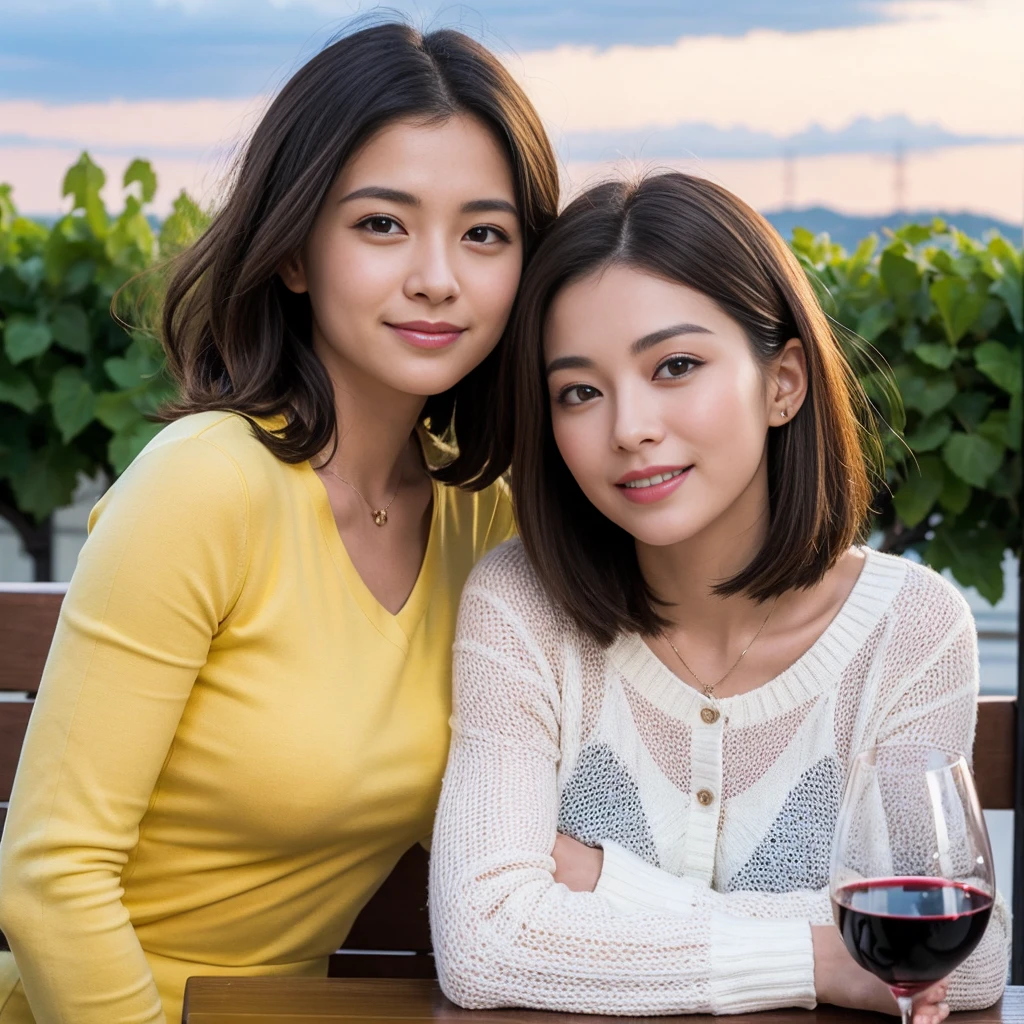 ((of the highest quality、8k、Masterpiece:1.3))、 (real, Genuine、Face carefully、bright image、intricate details:1.2), 最高のSMILE, 3 female、beautiful couple、lovers、japanese couple、a gentle lover、Actresodel、SMILE、full scene、Long pink sweater: 1.1, super fine face, delicate eyes, double eyelid, SMILE, (thin face), (the body is thin), (Brown hair), (short hair), テーブルの上のglass of wine、Please put light on my face、 Stunning view of the sunset sky and clouds.、 (25 years de edad), 25 years, red wine 、Wine bottle、Cava、long-sleeve shirt、dress、White wine, red wine, glass of wine,
