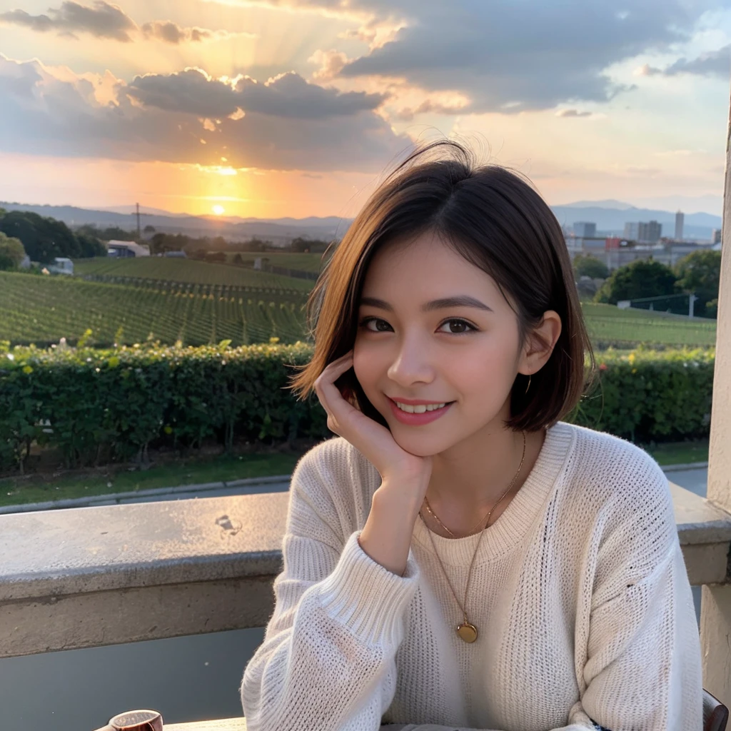 (Realistic:1.1),(masterpiece,Highest quality),8k,(49 years old), 53 years old, ベリーslimボディ、slimカップル、Tight waist,Upper Body,full-course dinner、wine 、Amazing view of the sunset sky and clouds、Perfect Anatomy, Brown Hair, short hair,Random Hairstyles,((Highly detailed face and eyes:1.2)),Perfect golden ratio face,Long sleeve shirt、dress,(smile:1.2)、Shortcuts、cute、(Realistic, Intricate details:1.2), A bright smile、short hair,Bright Face、赤wine 、Appetizers、Italian food、wine bottle、Champagne、スパークリングwine、(slimな顔), (The body is slim), (Brown Hair), (Shortcuts), Upper Body, 白wine, slim, wineグラス,