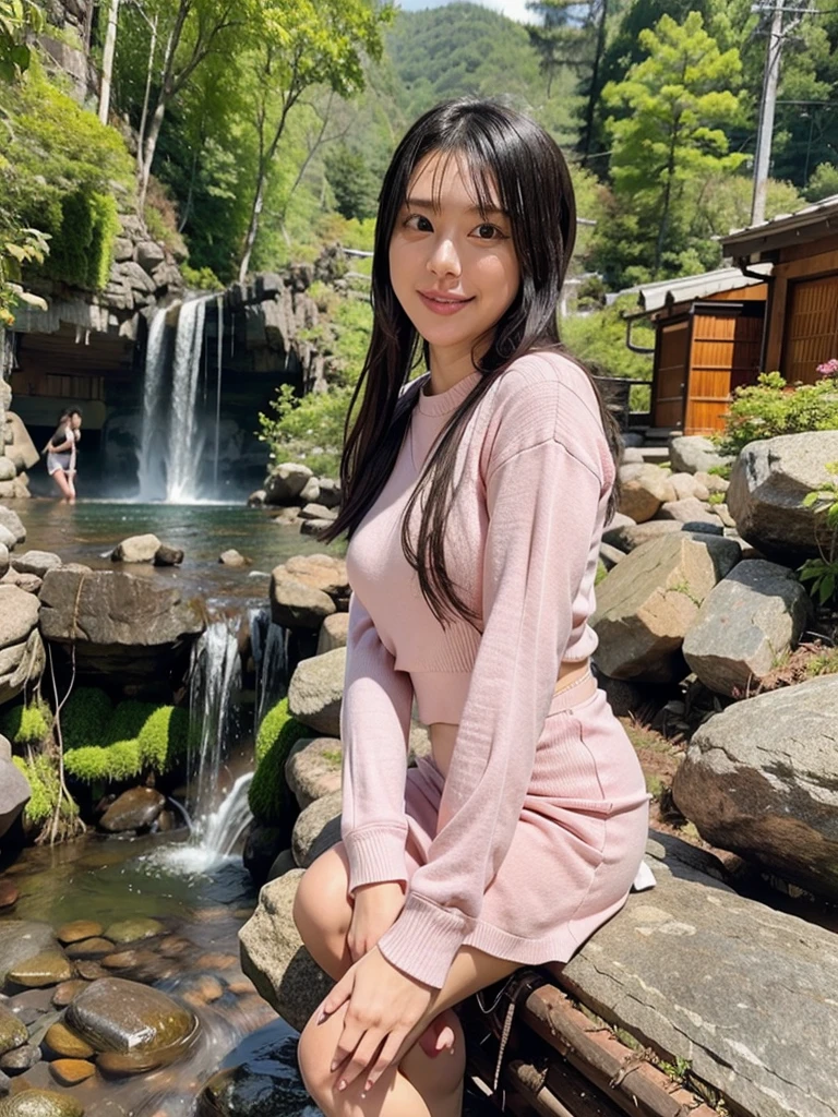 rie,One Woman,(best quality), (ultra detailed), (absolutely resolution),Face is front, 32 years old, Slit exposure, Cable knit and overall skirt, The color of the clothes is salmon pink., The pattern of the clothes is swimsuit-like., Black Hair, Kegon Falls in Nikko、With the dynamic waterfall of Mother Nature as your backdrop