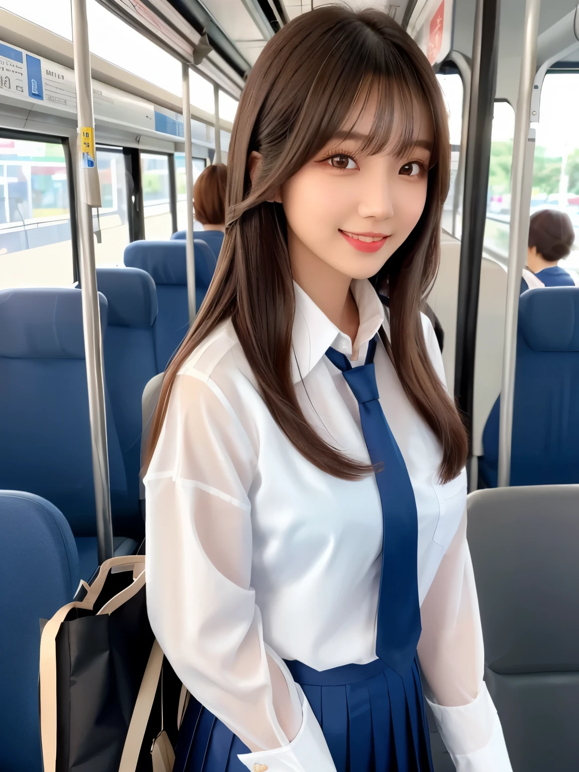 product quality, 1 woman, Upper body shot, front view, Young pretty girl from Japan, long bob hair, Standing on a crowded bus at night smiling brightly, Beautiful night view, Attractive figure, Wearing a shiny satin dark blue plain tie and a long sleeve white collared silk satin shirt, Wearing a dark blue pleated long skirt, Carrying a tote bag on your shoulder, very cute face, shiny lips, Both eyes have double eyelids, natural makeup, long eyelashes, shiny smooth light brown long bob hair, asymmetrical bangs, tanned skin, central image, high resolution, high detail, detailed hairstyle, detailed face, colorful movie lights, octane rendering, vibrant, surreal, perfect limbs, complete anatomy