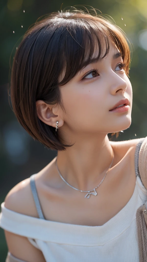 “A beautiful 20-year-old woman with a bob-cut short hairstyle and brown hair, looking up at the rainy sky with raindrops wetting her face. She has brown eyes, is wearing an off-shoulder white shirt, and has small silver earrings on her earlobes. She is also wearing a necklace. The image is highly detailed, 8k resolution, with cinematic lighting effects.”