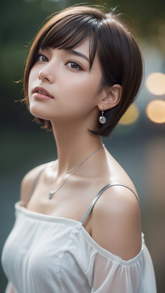 “A beautiful 20-year-old woman with a bob-cut short hairstyle and brown hair, looking up at the rainy sky with raindrops wetting her face. She has brown eyes, is wearing an off-shoulder white shirt, and has small silver earrings on her earlobes. She is also wearing a necklace. The image is highly detailed, 8k resolution, with cinematic lighting effects.”