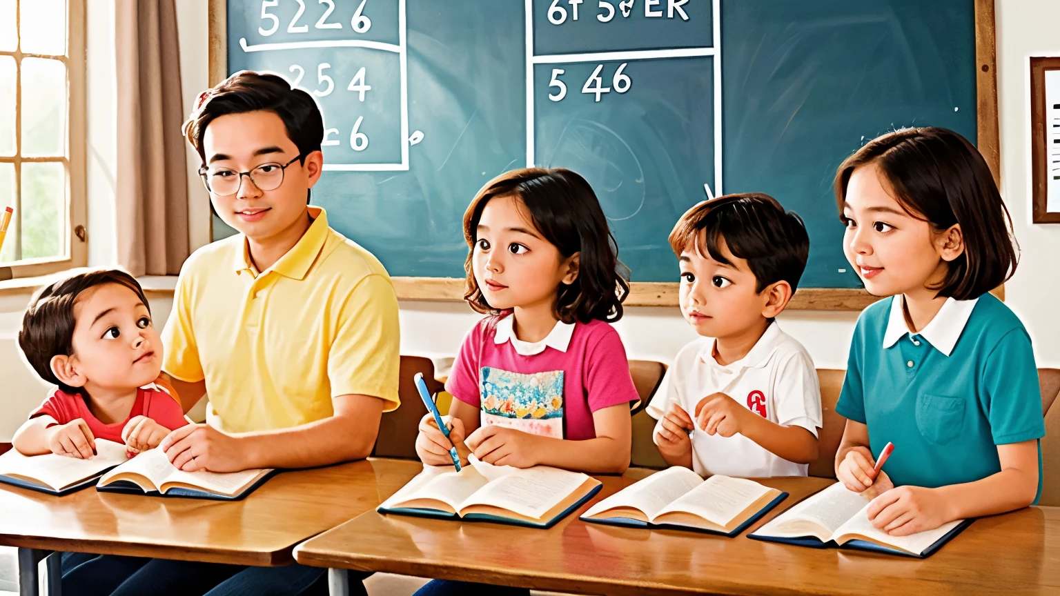 A family (mom dad and two kids) taking classes from a teacher taking notes 
there is no text, no extra arms no bad quality and extra elements