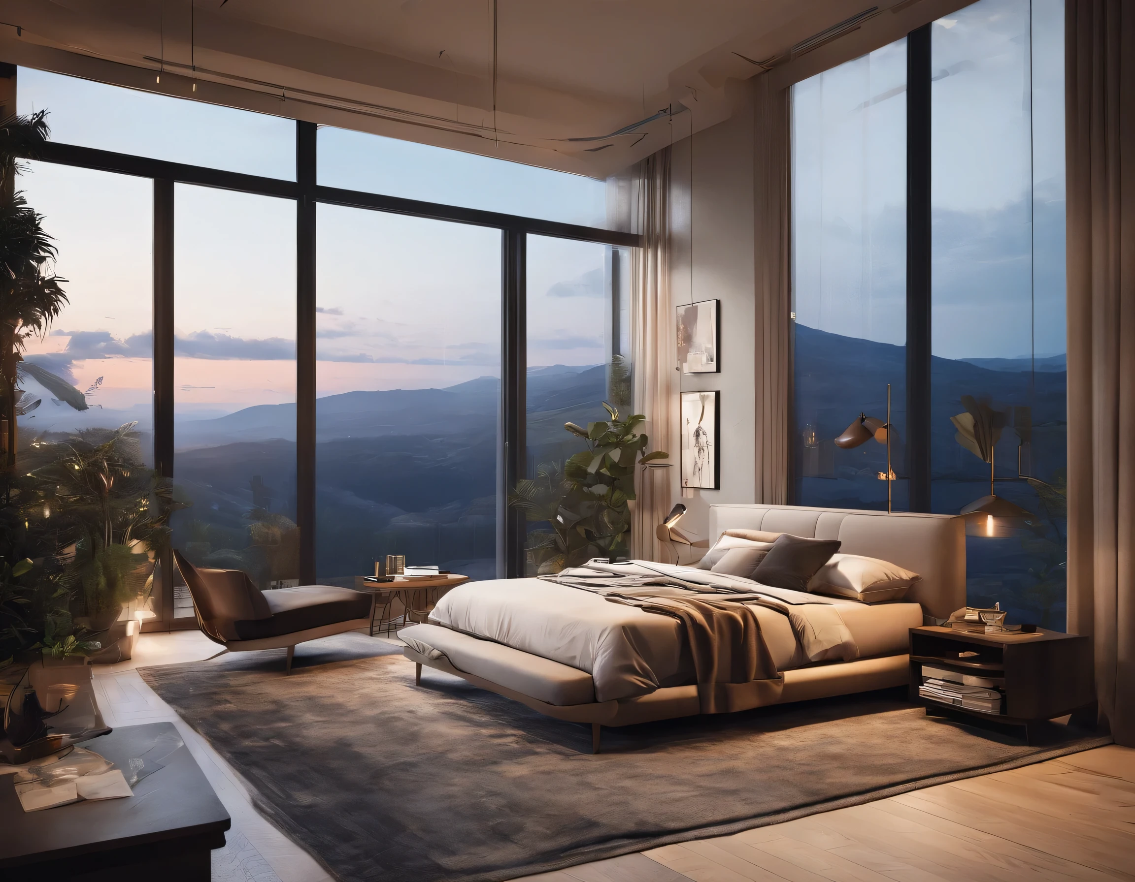 Visualize an exquisitely detailed modern bedroom with a dark-themed aesthetic. Envision sleek furniture, matte textures, and ambient lighting casting atmospheric shadows. Pay attention to minute details like the grain of wood, subtle reflections on surfaces, and the interplay of light and shadow.
Immerse the room in a dark color palette, utilizing deep tones to create a sense of sophistication and mystery. Incorporate elements like minimalist décor, abstract art, or subtle patterns on furnishings to add complexity without overwhelming the scene.
Now, imagine the bedroom at the golden hour, with warm sunlight streaming through large, strategically placed windows. The view from these windows should be nothing short of spectacular—perhaps an urban skyline, serene landscape, or a combination of both. Capture the warm hues of the golden hour bathing the room in a soft, ethereal glow, creating a captivating contrast with the dark interior.
Consider the details outside the windows: distant city lights, the sun setting on the horizon, or natural elements that add depth to the view. Highlight the transitional moment of the golden hour, where the interplay of light and dark creates a unique and enchanting atmosphere within the room.
This prompt aims to inspire a highly detailed depiction of a dark-themed modern bedroom with a spectacular view during the golden hour, blending sophistication, mystery, and the warmth of natural light.