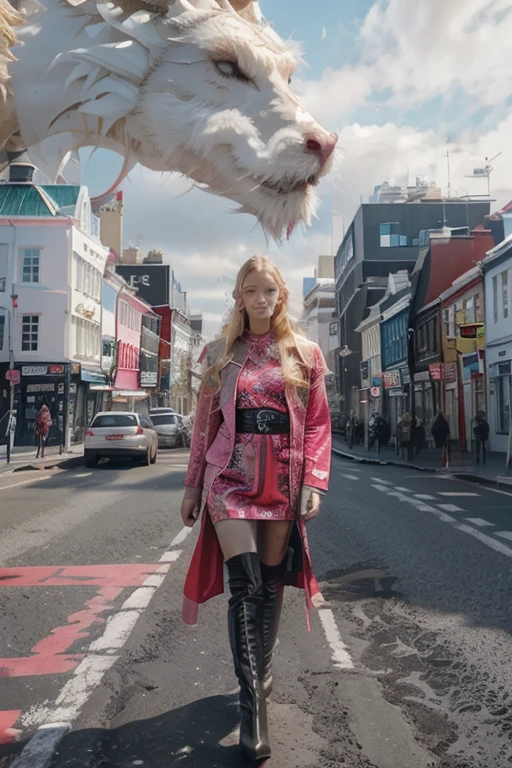 photo_of_a_blonde_high_fashion_Icelandic_woman,wearing_pink_haute_couture,very_tall_red_high_boots,Reykjavík_streets,crosswalks_stripes, traffic_lights, cloudy day
