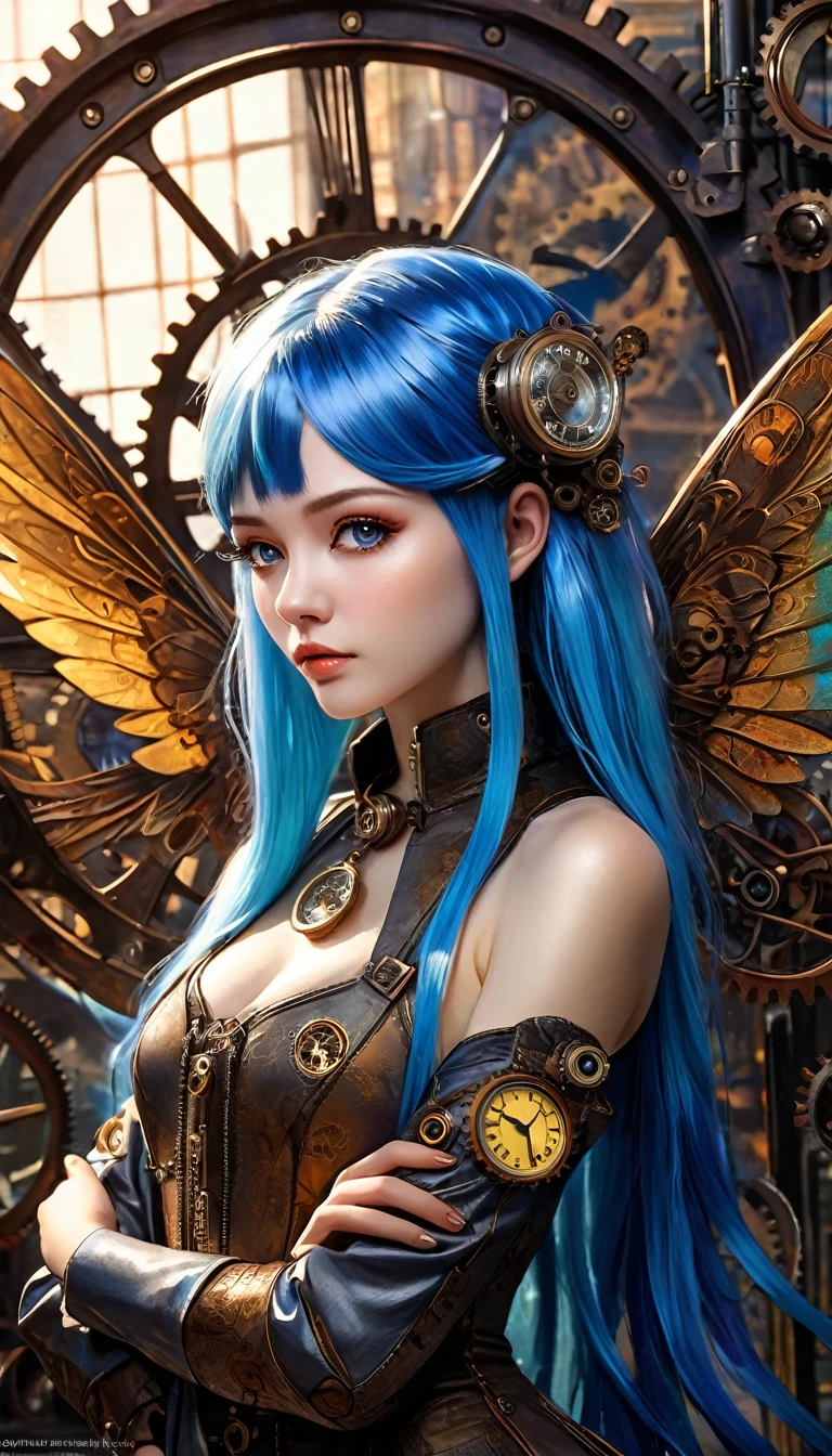 realistic highly detailed oil painting, 1girl, asymmetrical wings, long blue hair, houjuu nue, Wambu, Wambu_Draws, detailed clockwork background, intricate gears, steampunk, dramatic lighting, cinematic, moody atmosphere, vivid colors, masterpiece, (best quality,8k,highres,masterpiece:1.2),ultra-detailed,(realistic,photorealistic,photo-realistic:1.37),studio lighting,extreme detail description,professional