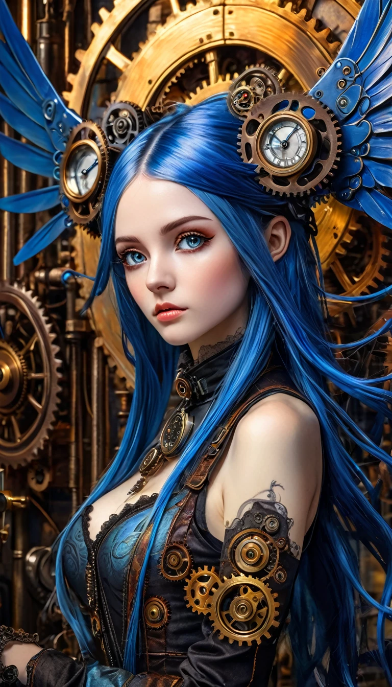 realistic highly detailed oil painting, 1girl, asymmetrical wings, long blue hair, houjuu nue, Wambu, Wambu_Draws, detailed clockwork background, intricate gears, steampunk, dramatic lighting, cinematic, moody atmosphere, vivid colors, masterpiece, (best quality,8k,highres,masterpiece:1.2),ultra-detailed,(realistic,photorealistic,photo-realistic:1.37),studio lighting,extreme detail description,professional