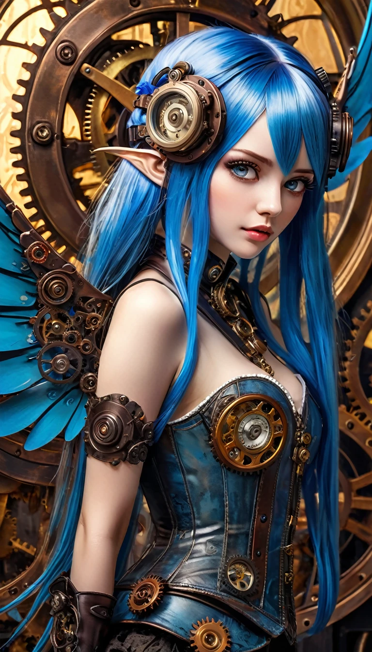 realistic highly detailed oil painting, 1girl, asymmetrical wings, long blue hair, houjuu nue, Wambu, Wambu_Draws, detailed clockwork background, intricate gears, steampunk, dramatic lighting, cinematic, moody atmosphere, vivid colors, masterpiece, (best quality,8k,highres,masterpiece:1.2),ultra-detailed,(realistic,photorealistic,photo-realistic:1.37),studio lighting,extreme detail description,professional