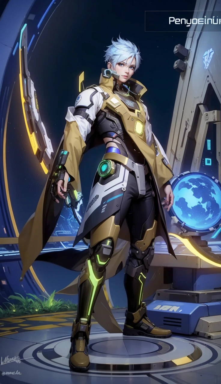 1boy, (extremely beautiful), solo, male focus, cyberpunk, neon lights, vibrant colors, headphones, Cyberpunk, neon, masterpiece, best quality, ultra-detailed, cyberpunk background, detail, in the starry night, moon, explosive and clear eyes, glowing eyes, beautiful details in the wind, little smile.