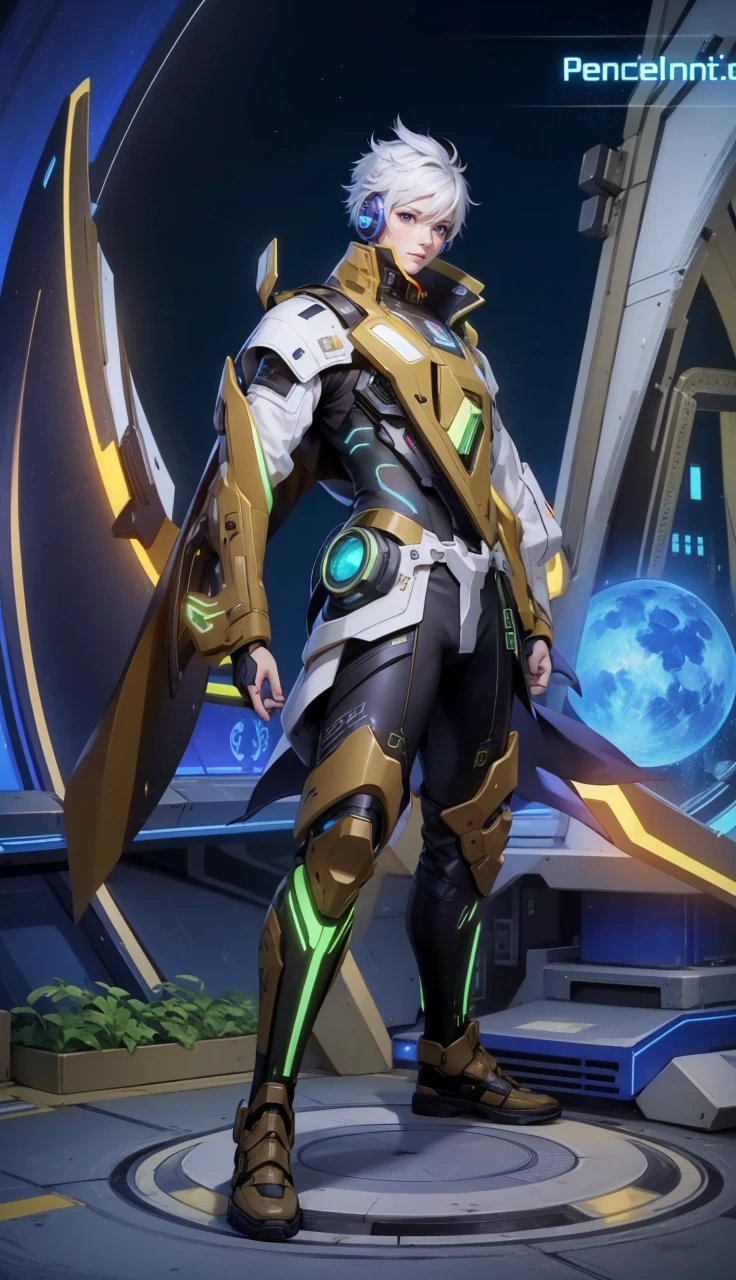 1boy, (extremely beautiful), solo, male focus, cyberpunk, neon lights, vibrant colors, headphones, Cyberpunk, neon, masterpiece, best quality, ultra-detailed, cyberpunk background, detail, in the starry night, moon, explosive and clear eyes, glowing eyes, beautiful details in the wind, little smile.
