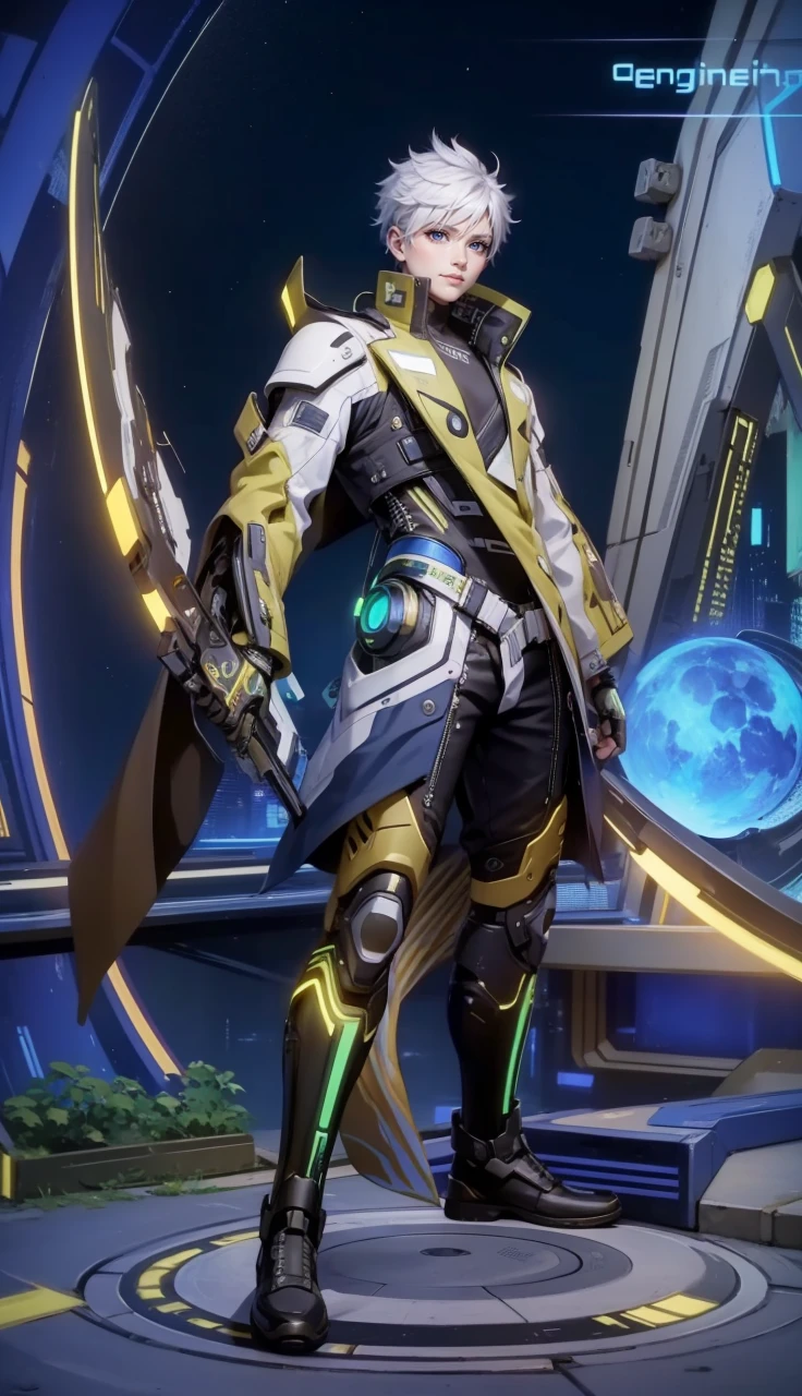 1boy, (extremely beautiful), solo, male focus, cyberpunk, neon lights, vibrant colors, headphones, Cyberpunk, neon, masterpiece, best quality, ultra-detailed, cyberpunk background, detail, in the starry night, moon, explosive and clear eyes, glowing eyes, beautiful details in the wind, little smile.