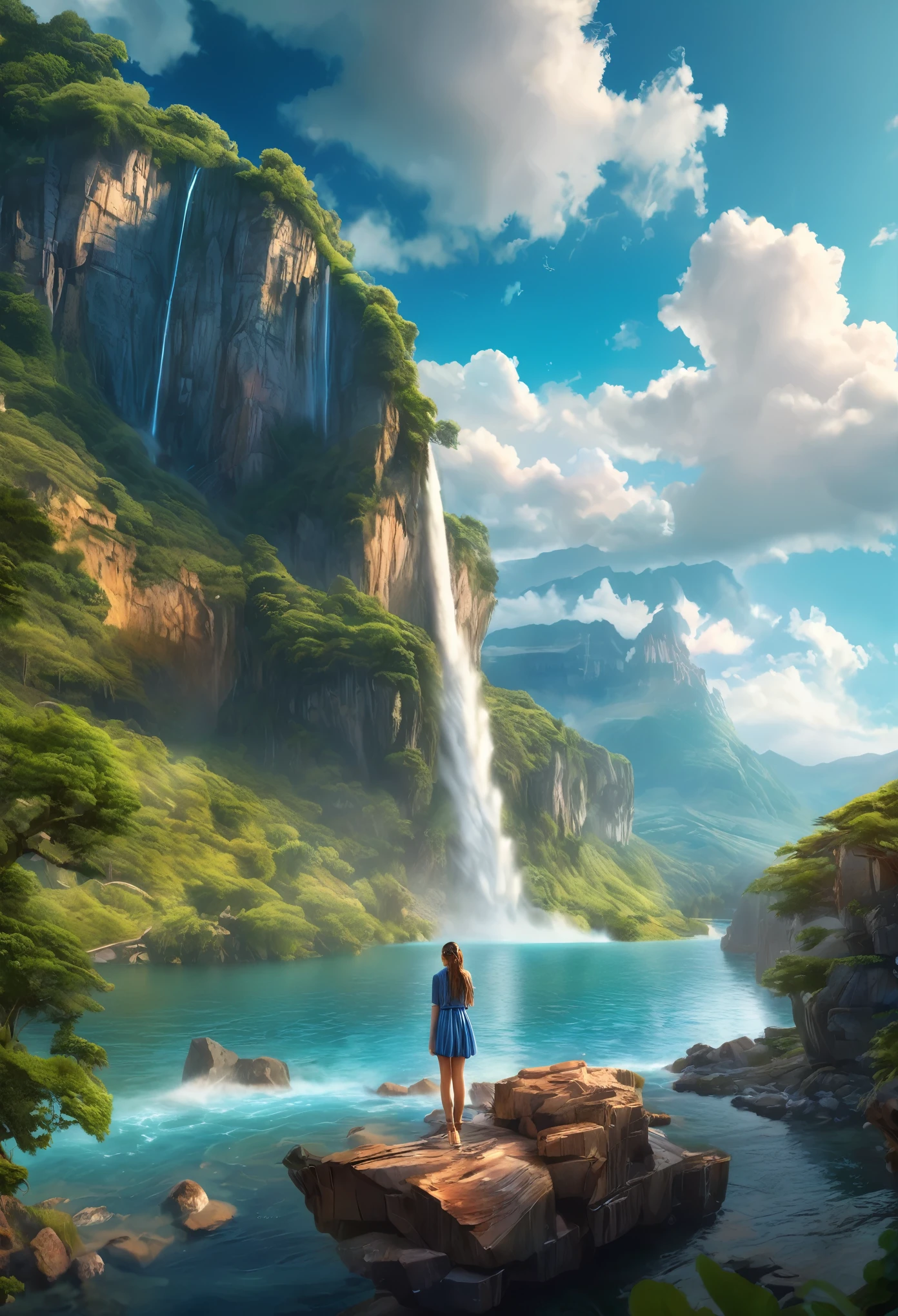 masterpiece, the highest quality, high quality, Very detailed CG unity 8k wallpaper, landscape, Outdoor, null, cloud, null, A cute girl is standing, Mountain, landscape, water, wood, blue null, waterfall, cliff, nature, lake, river , cloudy skies, Award-winning photography, Bokeh, Depth of written boundary, High resolution, bloom, chromatic aberration, Photorealism, Very detailed, Trending on Art Station, Trending on CGSociety, Complex, High detail, dramatic, Art on the road