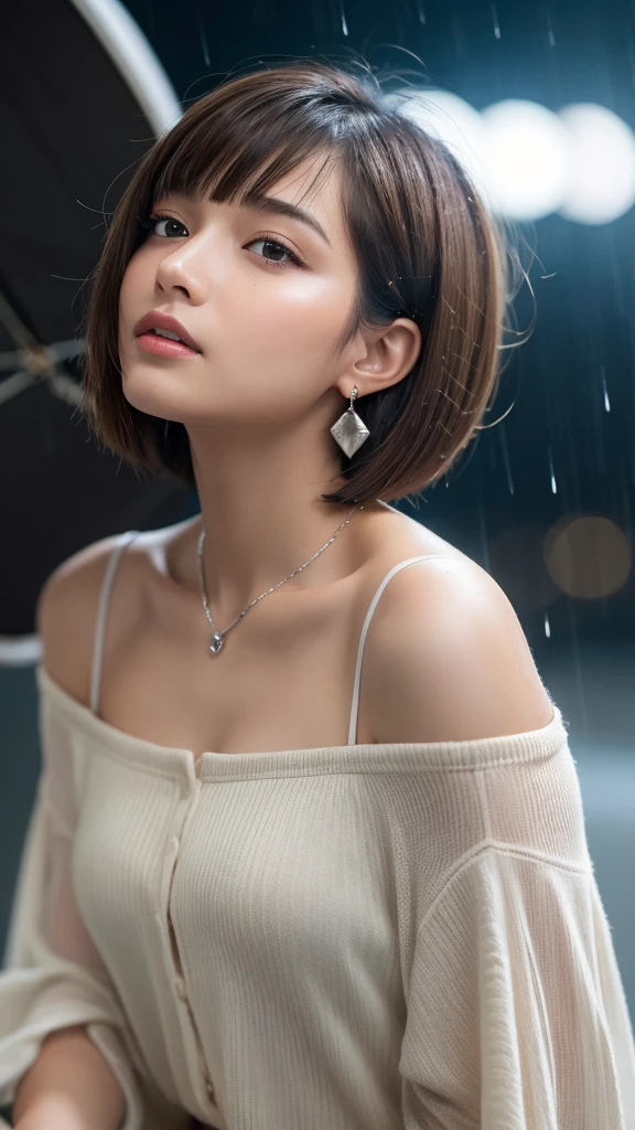 “A beautiful 20-year-old woman with a bob-cut short hairstyle and brown hair, looking up at the rainy sky with raindrops wetting her face. She has brown eyes, is wearing an off-shoulder white shirt, and has small silver earrings on her earlobes. She is also wearing a necklace. The image is highly detailed, 8k resolution, with cinematic lighting effects.”