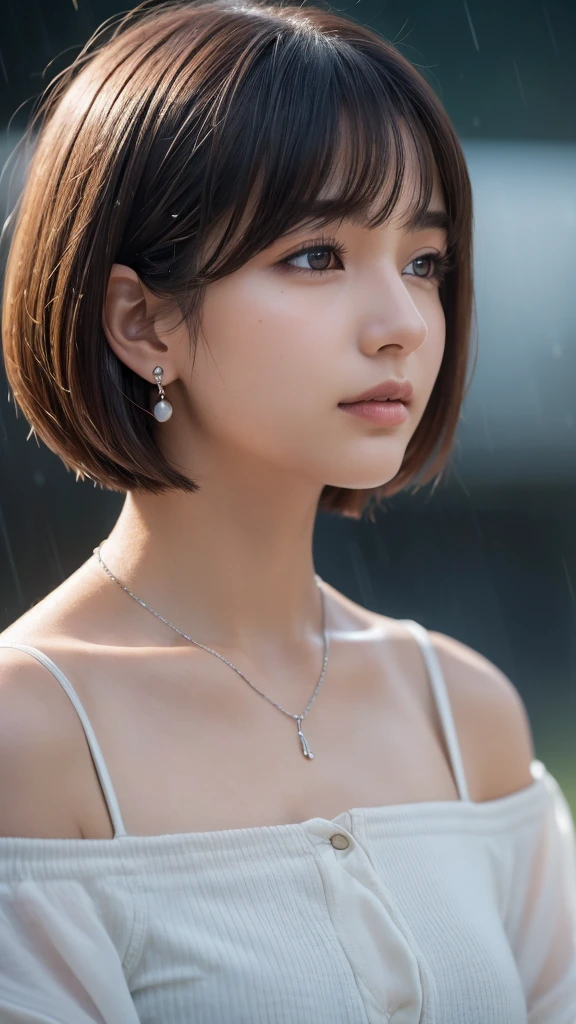 “A beautiful 20-year-old woman with a bob-cut short hairstyle and brown hair, looking up at the rainy sky with raindrops wetting her face. She has brown eyes, is wearing an off-shoulder white shirt, and has small silver earrings on her earlobes. She is also wearing a necklace. The image is highly detailed, 8k resolution, with cinematic lighting effects.”
