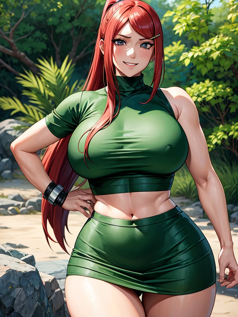 uzumaki_kushina,massive large_breasts, large thighs,large_ass, solo, green shirt,shirt up,navel, ponytail,tight dress, short skirts, masterpiece, best quality, detailed face, detailed eyes, highres, (masterpiece:1.4, best quality:1.2), (Highres), (Detailed Illustration), Ultra-Detailed, konohagakure, spread leg,looking in front, smiling playfully with a mischievous glint in the eyes