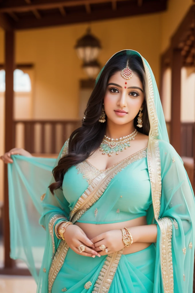 1 Heavenly beautiful and goddess beauty cute and sweet looking face Arabian woman in Chrono Garden, Heavenly beautiful Overweight, Heavenly beautiful Extremely fat, Heavenly beautiful and attractive Chubby figure , Heavenly beautiful looking and eye catching luxury style Indian traditional saree and bra, reaching out, Heavenly beautiful Arabian woman, 16k, High resolution, masterpiece, highest quality, fine skin, outside view, Realistic Photograph, close up figure view, Heavenly beautiful smile face