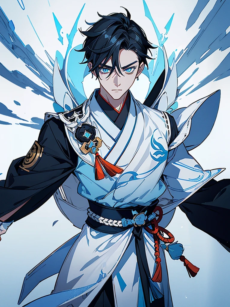 ((Genshin impact style)) (masterpiece), (high quality), (pretty boy face), 1 boy, 16 years, masculine and tall body, white skin, ((medium black hair)), ((light blue and cold eyes)), calm and neutral expression, designs from East Asian, Game character costume design, Japanese clothing style with a dark blue, white and black color palette, ((White background)) intricate details, lens flare,ultra high resolution,sharp focus,HD,8k,clear facial features,clear details,beautiful eyes,beautiful face