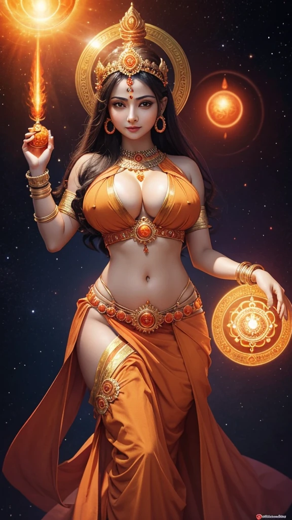 hindu goddess holding sacral chakra in center of spiritual sphere, busty goddess, cleavage glowing, sacral chakra, 2nd chakra orb