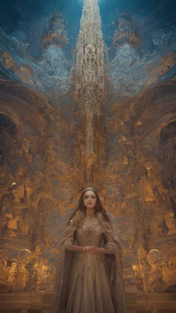 intricate celestial elements, intertwined earthly elements, divine and mortal, fancy, paisagem de fancy detalhada, magical realism, cinematic lighting, swirly vibrant colors, dramatic atmosphere, Masterpiece artwork, 8K, photorrealistic, hyperdetailed