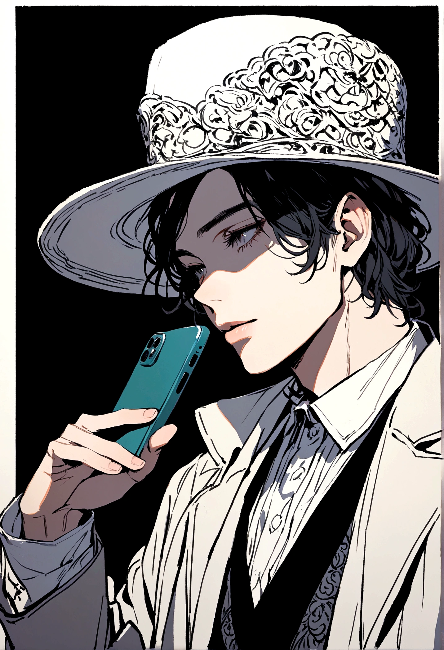 man with a hat and a phone, with a background behind