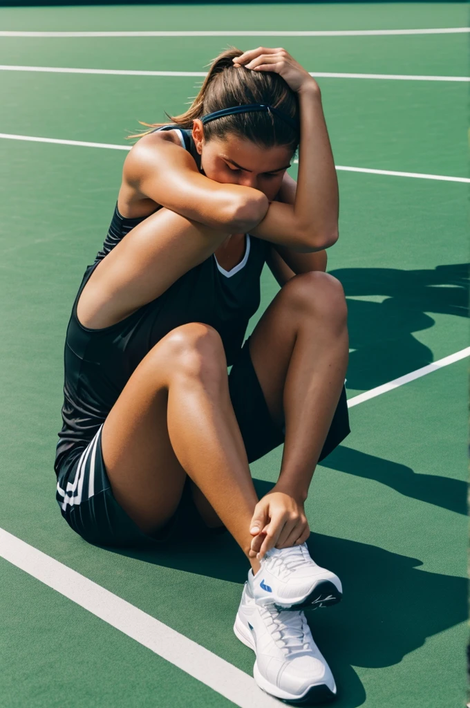 Athlete with anxiety symptoms visible on a tennis court