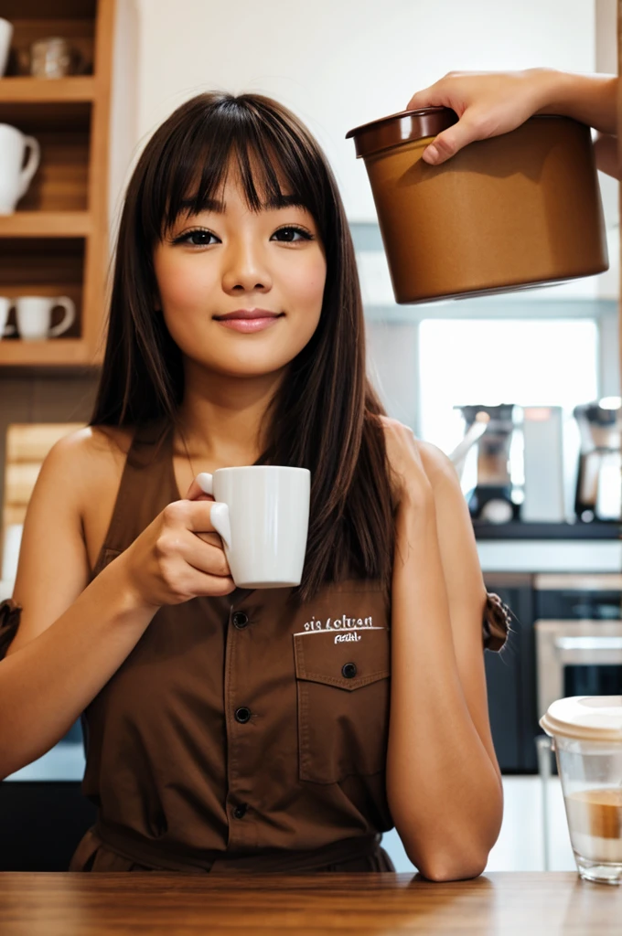 photography of Indonesian female barista, famous model for men's magazine, wearing an apron only, making hot (smoky) coffee, biting her lower lip, ponystyle hairstylist, in an aesthetic cafe, Best quality, masterpiece, ultra high res wide angle