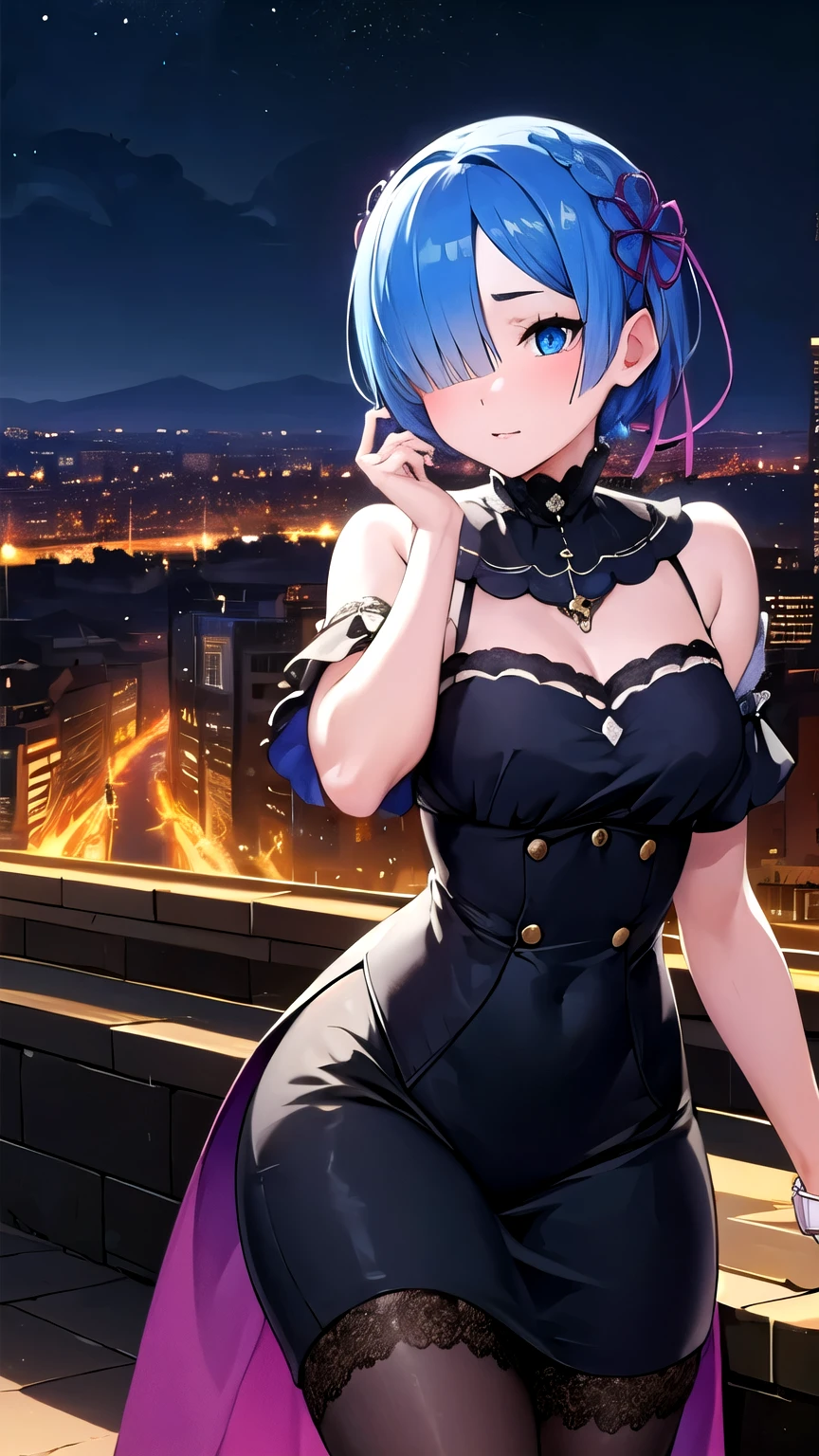 hdr, soft light, ((best quality)), ((masterpiece)), (detailed), remrin, (hair over one eye:1.1),big blue eyes, cute face, city, street, night, neon lights, long dress, stockings, high heels, legs,sexy pose, in middle.