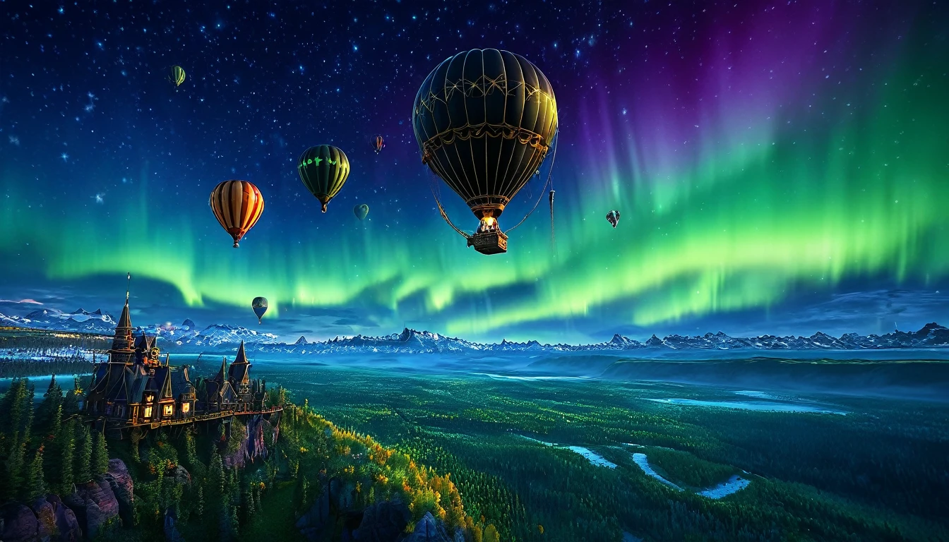 Steampunk-themed hot air balloons flying through the aurora sky with stunning landscape views, star-filled nights, photo-realistic, vibrant color, high level of detail, masterpiece composition, perfect object, landscape photography style