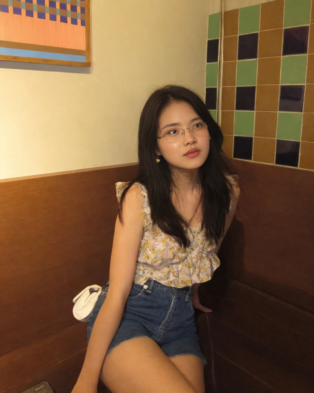 (Actually, the resolution is high.:1.3),A girl with a perfect body, slender face and eyes, long black hair, white tank top.:1.2 Jeans shorts in the movie theater, big breasts, showing breasts, wearing glasses, bow tie.