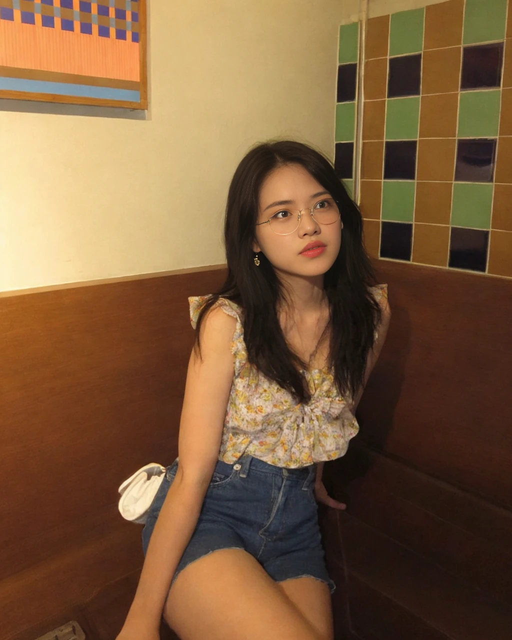 (Actually, the resolution is high.:1.3),A girl with a perfect body, slender face and eyes, long black hair, white tank top.:1.2 Jeans shorts in the movie theater, big breasts, showing breasts, wearing glasses, bow tie.