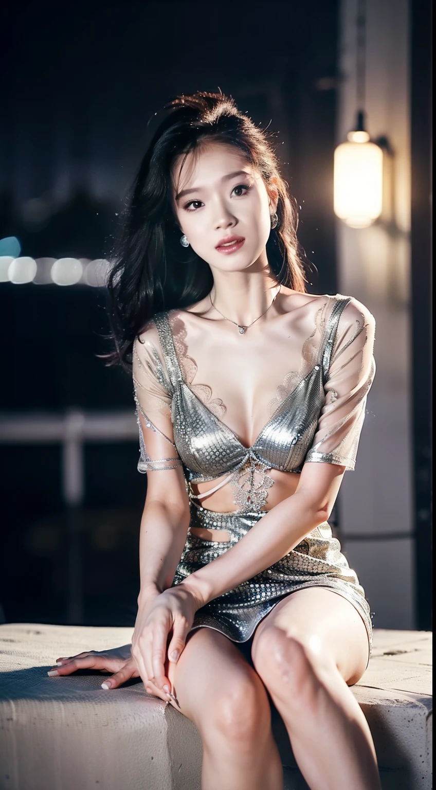 8K, masterpiece, RAW Photos, Highest quality, detailed:1.2),Realistic, Extremely detaileded Cg Unity 8K wallpapers, Depth of written boundary, Cinematic Light, Lens flare, Ray Tracing, (Very beautiful face, Beautiful Lips, Beautiful Eyes), intricate detailed face, ((ultra detaileded skin)) One girl, In the Dark, Deep Shadow, Cute Korean Girl, K-Pop Idols,(Very slim and slender muscular body:1.3), ((Displaying the viewer)),(Big smile), (Bodycon mini dress), (Injection Sleeve) , (City night, (Neon Signs), Dim lighting, rooftop, terrazzo, (night), Cute Korean Girl, Earrings, Bangles, necklace, pantyhose, Clear Eyes, walking , (Pale skin), Look forward, (Big eyes), ((Upper Body Shot)), Wear tight, Silk dress, Lace dress, (See-through dress), Very slim, Defamation, Updo, Silver open neckline dress, Skinny super mini skirt, Sitting, bed, front, Leg spread